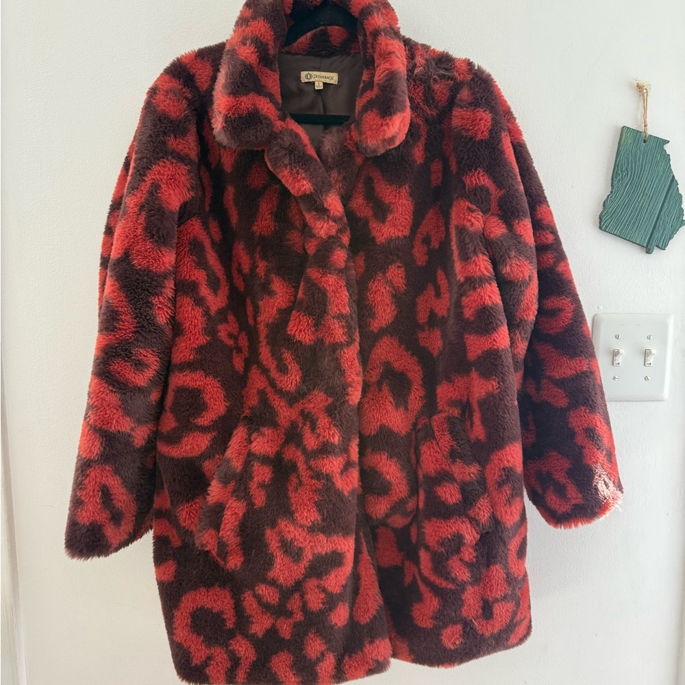 Democracy Red and Brown Faux Fur Teddy Coat